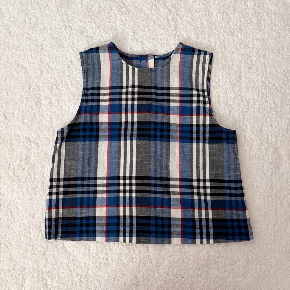VINTAGE 50s 60s Blue Red White Plaid Button-Back Sleeveless Top Small Medium